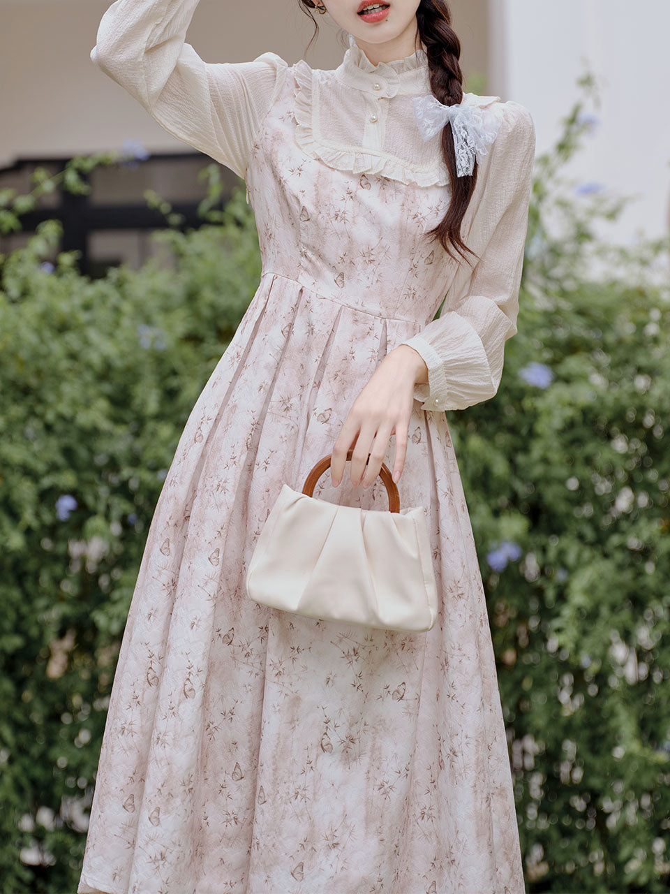 White Floral Lace Ruffles Edwardian Revival Dress