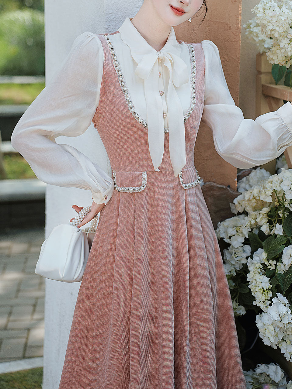 White and Pink Bow Fake Two-piece Velvet Long Sleeve Vintage 1950S Swing Dress