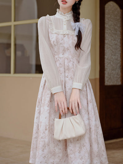 White Floral Lace Ruffles Edwardian Revival Dress