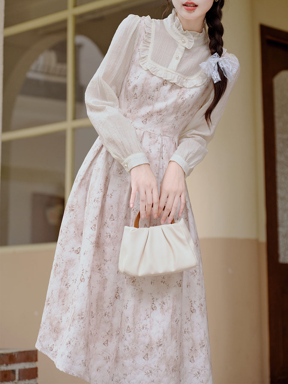 White Floral Lace Ruffles Edwardian Revival Dress