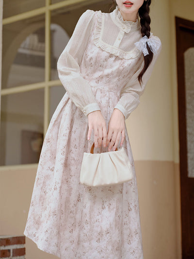 White Floral Lace Ruffles Edwardian Revival Dress