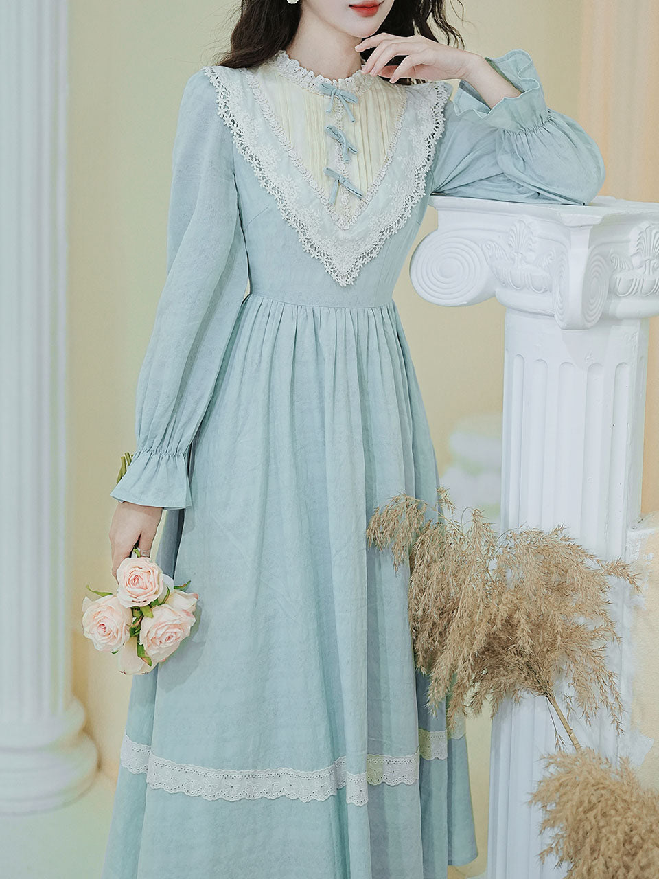 Blue Lace Ruffles Edwardian Revival Dress