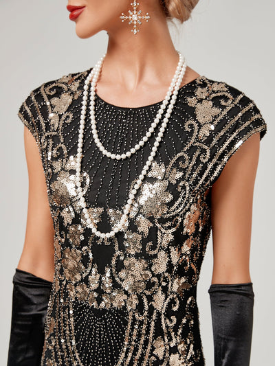 Crew Neck Sequined Beaded Cap Sleeve Tassels 1920S Gatsby Dress