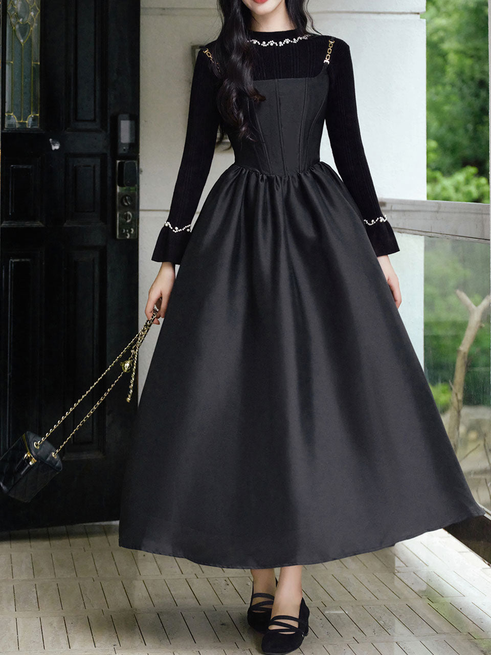 2 Piece Black Retro Suspender Dress with Black Hand Sewn Pearls Sweater