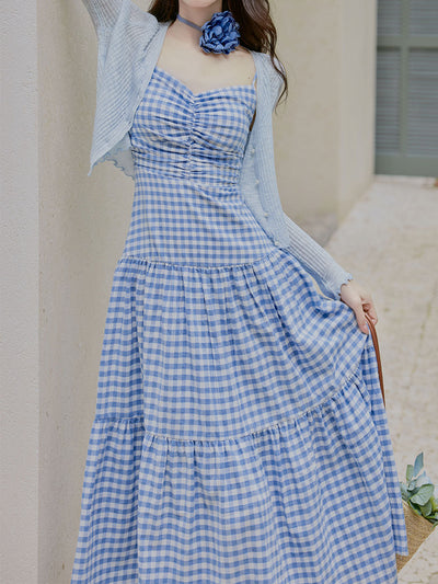 3PS Blue Plaid Spaghetti Strap Dress With Blue Shawl Dress Suit