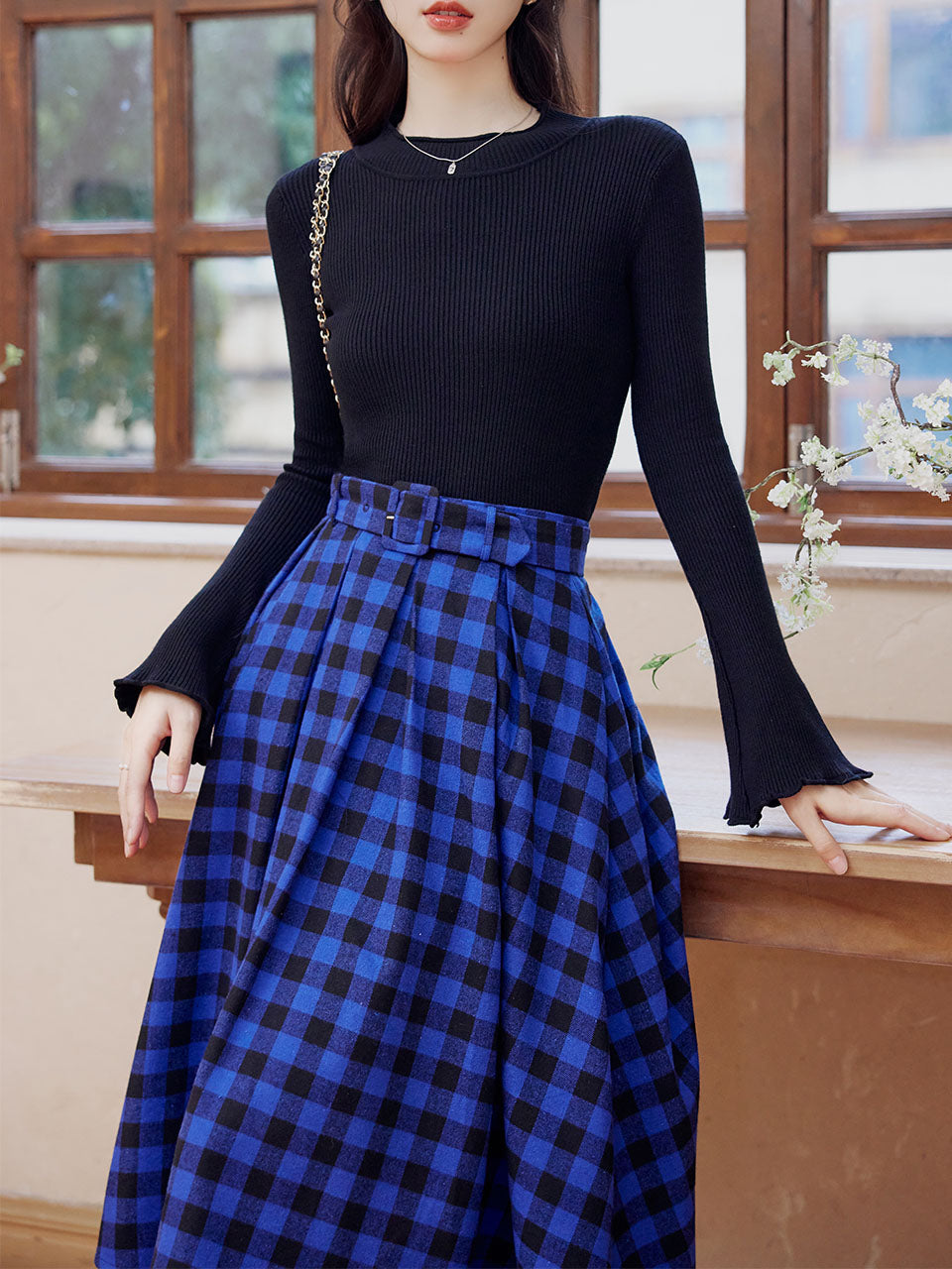 2 Piece Black Crew Neck Sweater and Blue Plaid Swing Skirt Set