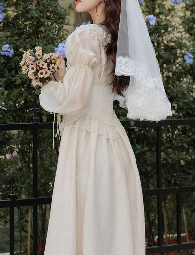 Sweet Victorian Ruffles Corset Long Sleeve Wedding Maxi Dress with Wedding Veil