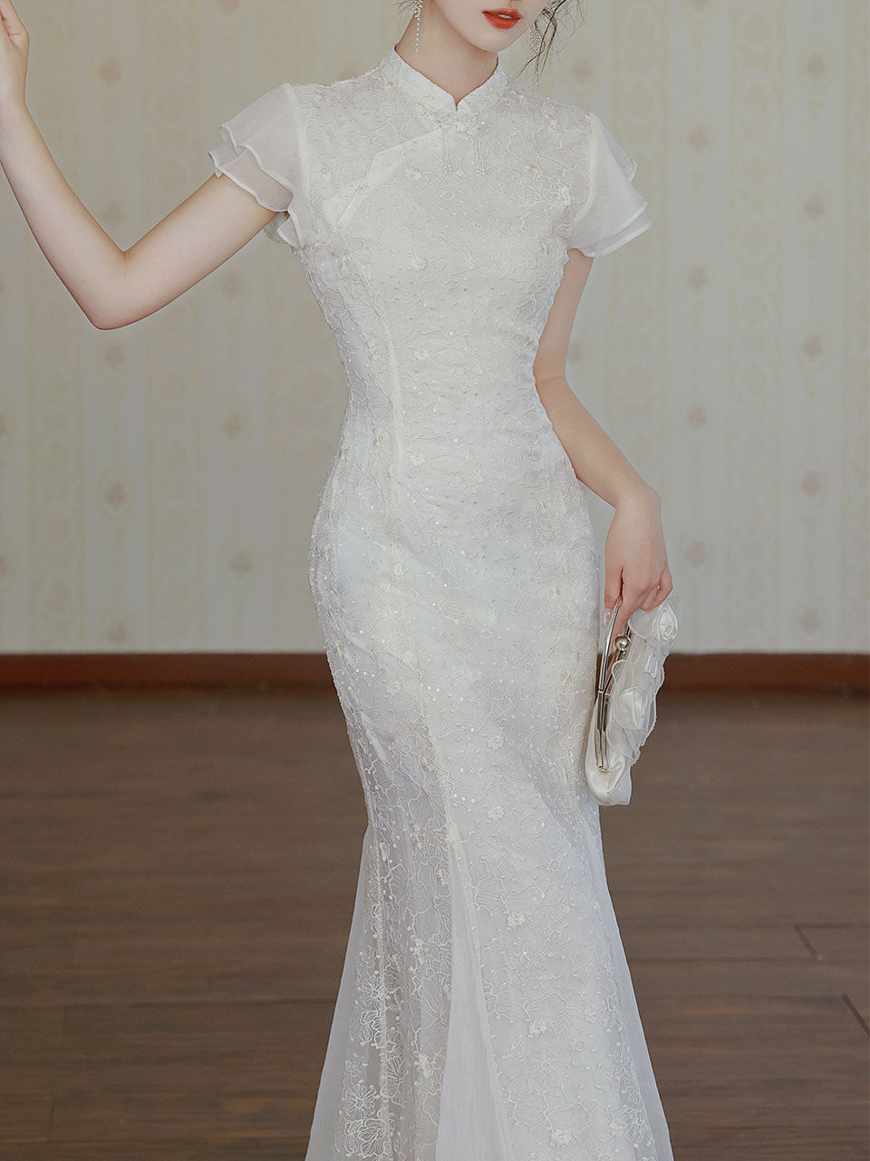 White Lace Ruffle Sleeve Sequined Fishtail Cheongsam Fishtail Wedding Dress