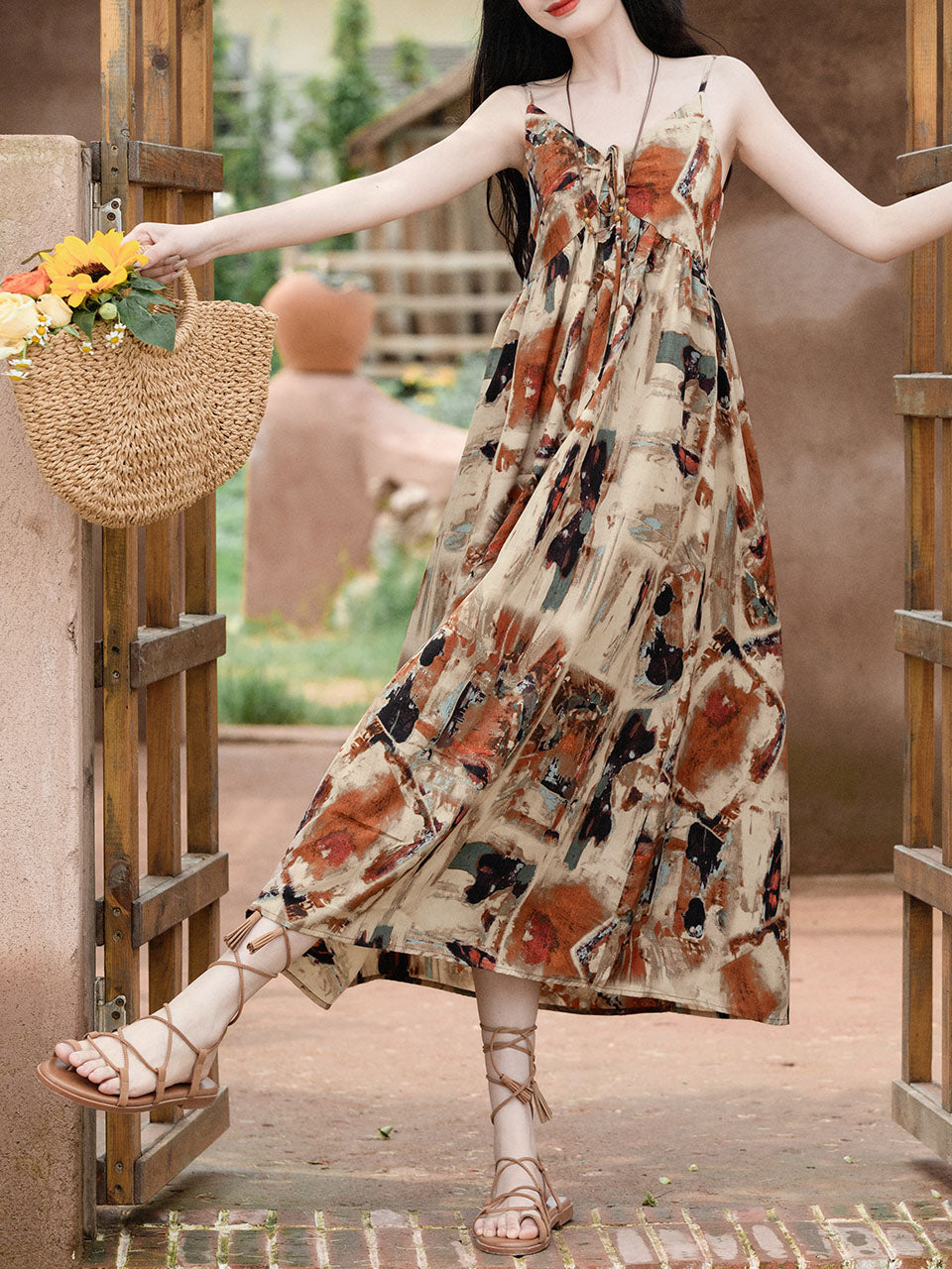 2PS Brown Spaghetti Strap Tropical Pattern Holiday  Dress With White Long Sleeve Cardigan