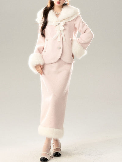 2PS Pink Fake Fur Collar Warm Coat With Skirt Suit