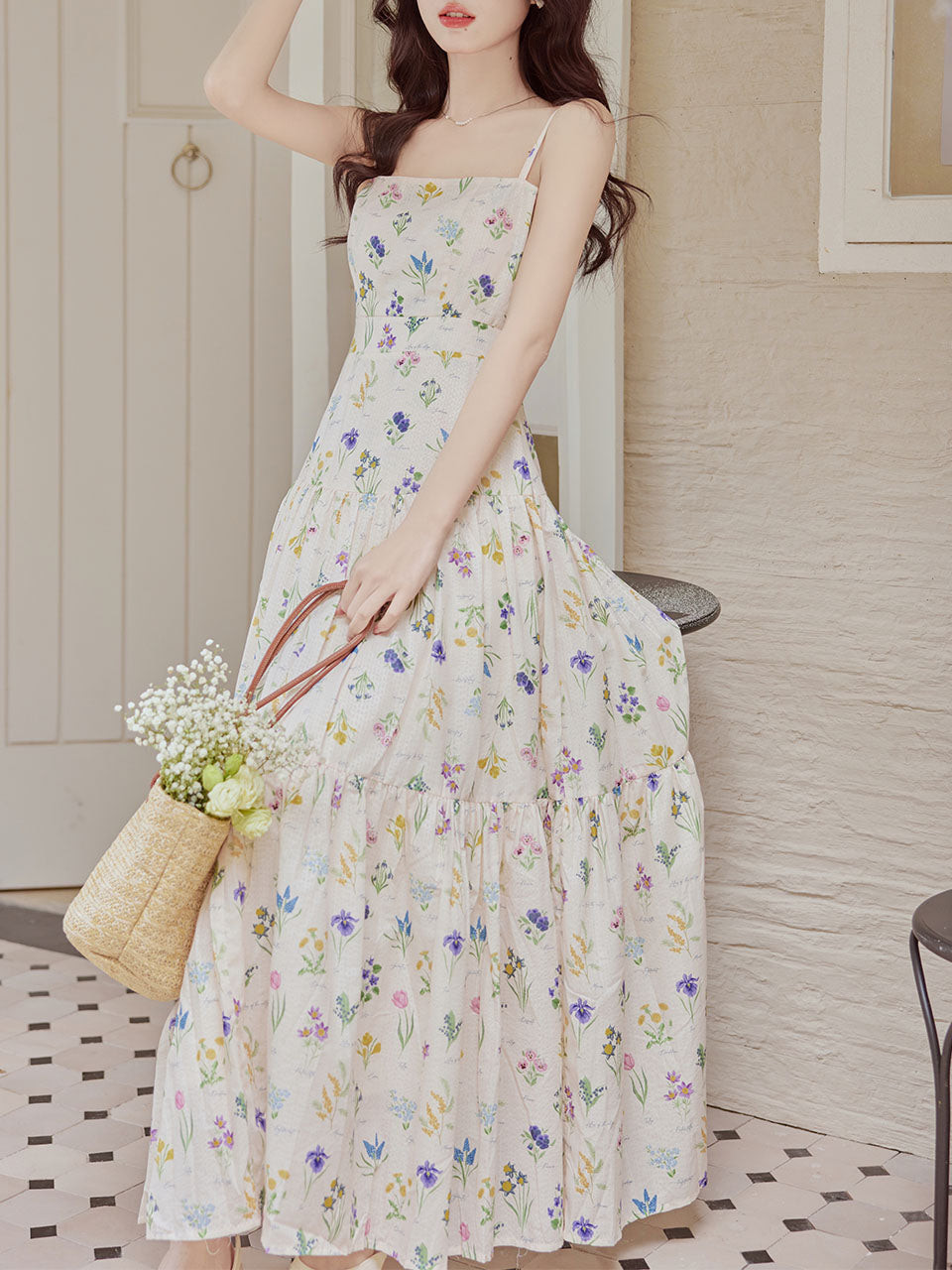 2PS White Floral Print Spaghetti Strap Dress With Blue Shawl Dress Suit