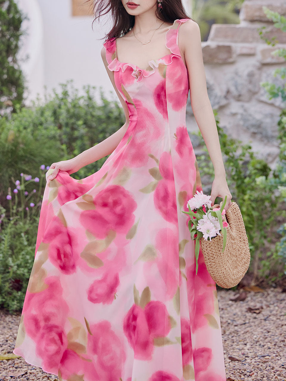 Sweet Rose Ruffles Strap Vintage Swing Maxi Dress