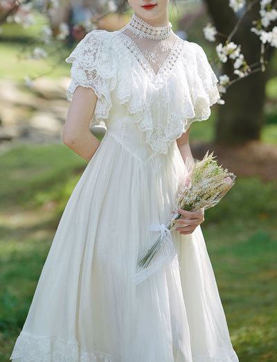 White Lace Pleat Edwardian Revival Vintage Wedding Dress