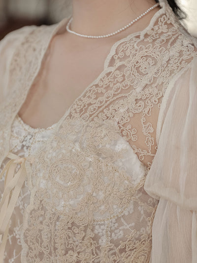 Apricot Lace Lantern Sleeves Romantic Wedding Dress with Tail Inspired By Sleeping Beauty