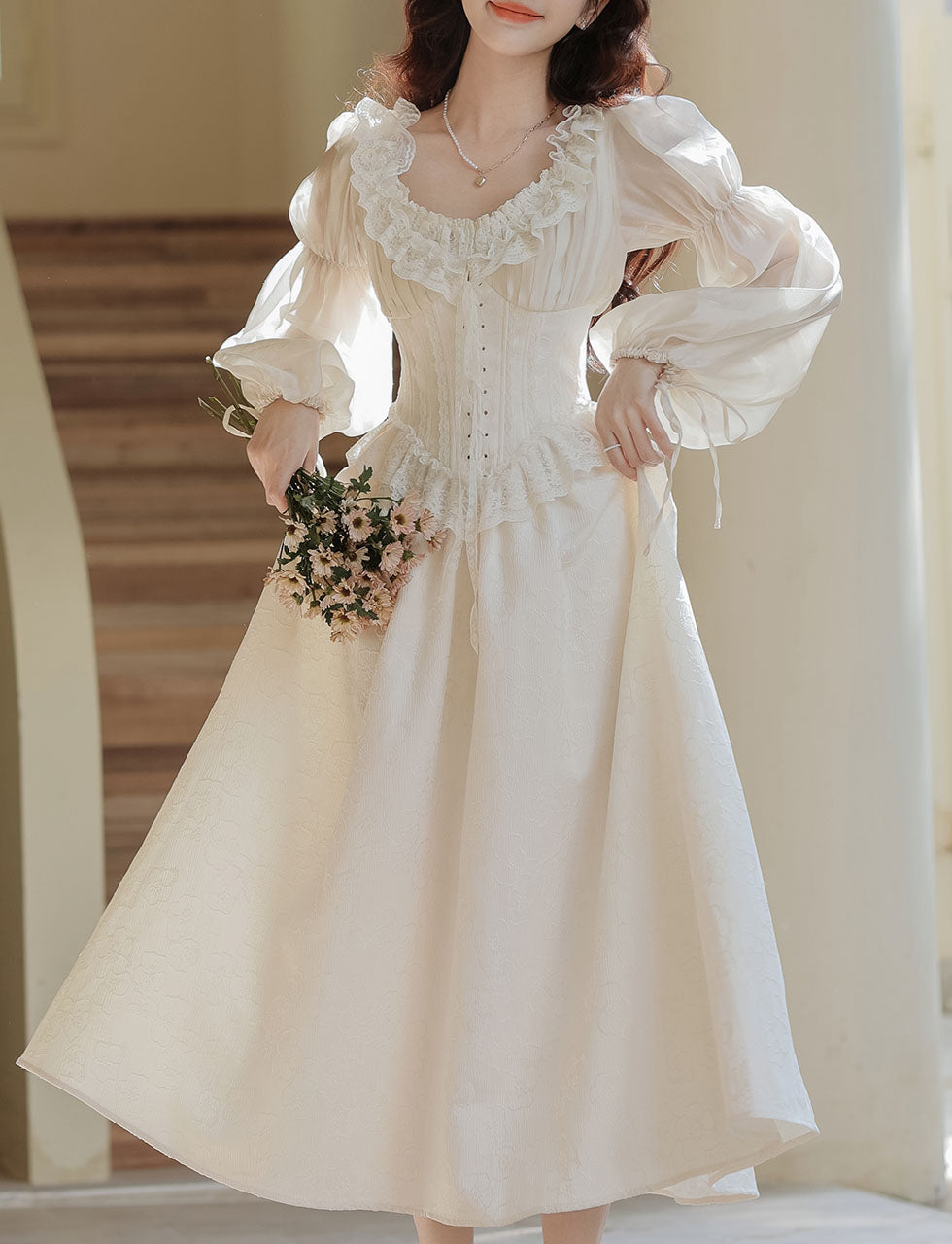 Sweet Victorian Ruffles Corset Long Sleeve Wedding Maxi Dress with Wedding Veil