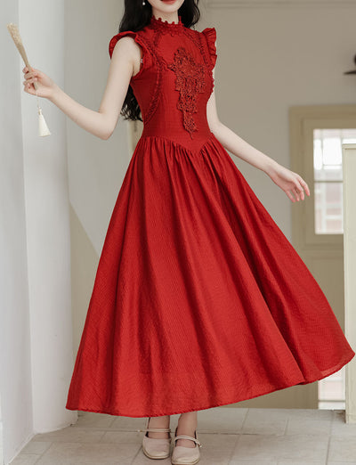 1950S Red Lace Classic Vintage Summer Swing Dress