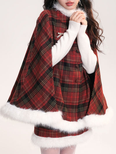 2PS Red and White Plaid Fake Fur Wool Cape Coat With Mini Skirt