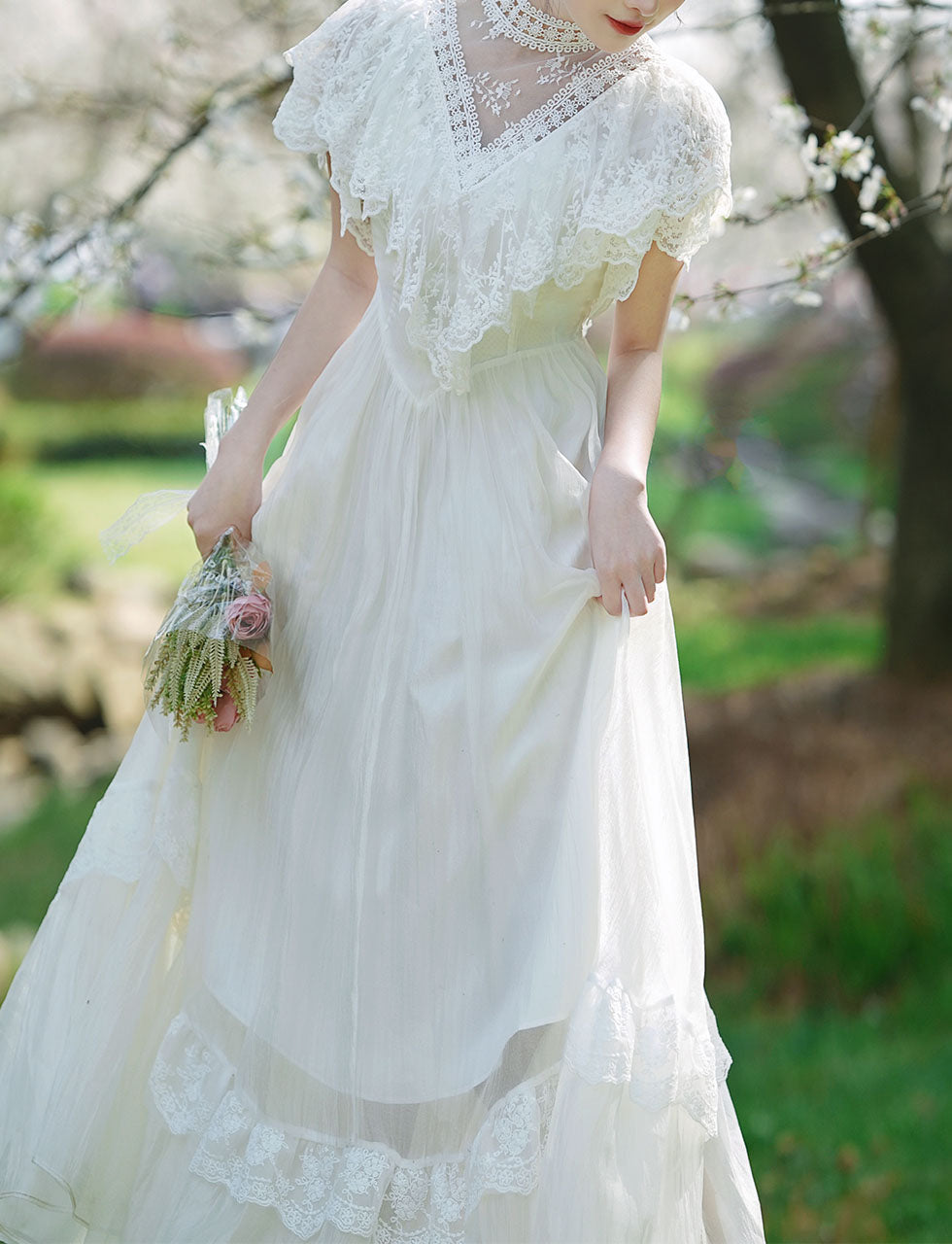 White Lace Pleat Edwardian Revival Vintage Wedding Dress