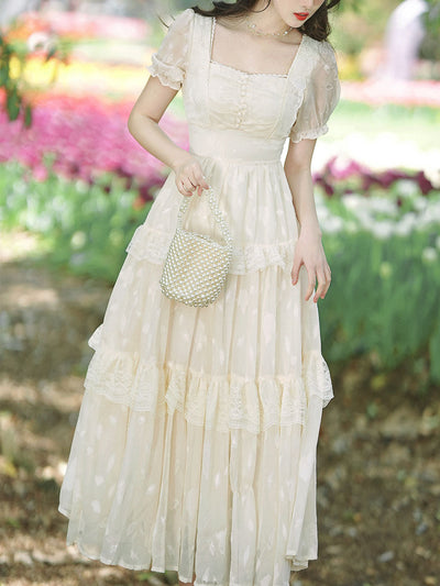 Apricot Square Neck Lace Puff Sleeve Vintage 1950S Dress