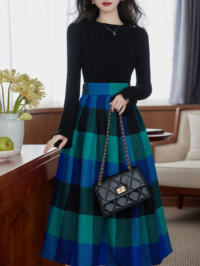 2 Piece Black Crew Neck Bell Sleeves Sweater and Blue Plaid Swing Skirt Set