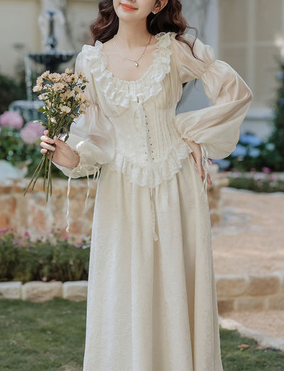 Sweet Victorian Ruffles Corset Long Sleeve Wedding Maxi Dress with Wedding Veil