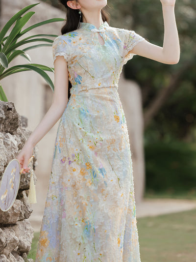 Light Green Burnout Print Cap Sleeve Cheongsam Dress