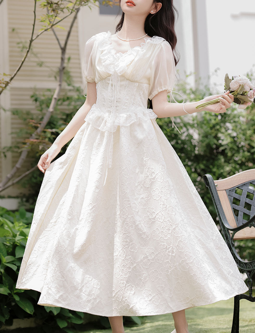 Sweet Victorian Ruffles Corset Short Sleeve Wedding Maxi Dress