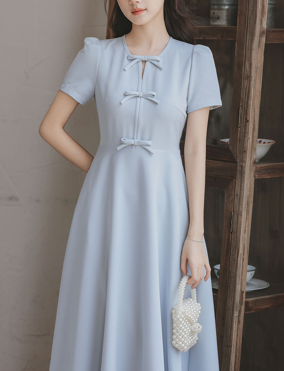 Light Blue Bow Collar 1950S Vintage Dress with Pockets