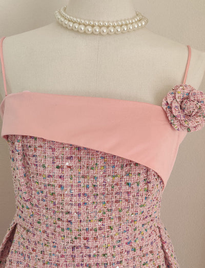 Pink Camellia Flower Spaghetti Strap Tweed Party Dress