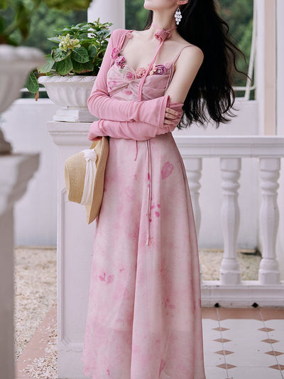 2PS Pink Rose Handmade Flower Suspender Print Vintage Dress and Cardigan Suit