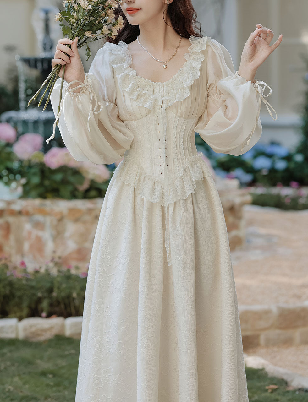 Sweet Victorian Ruffles Corset Long Sleeve Wedding Maxi Dress with Wedding Veil