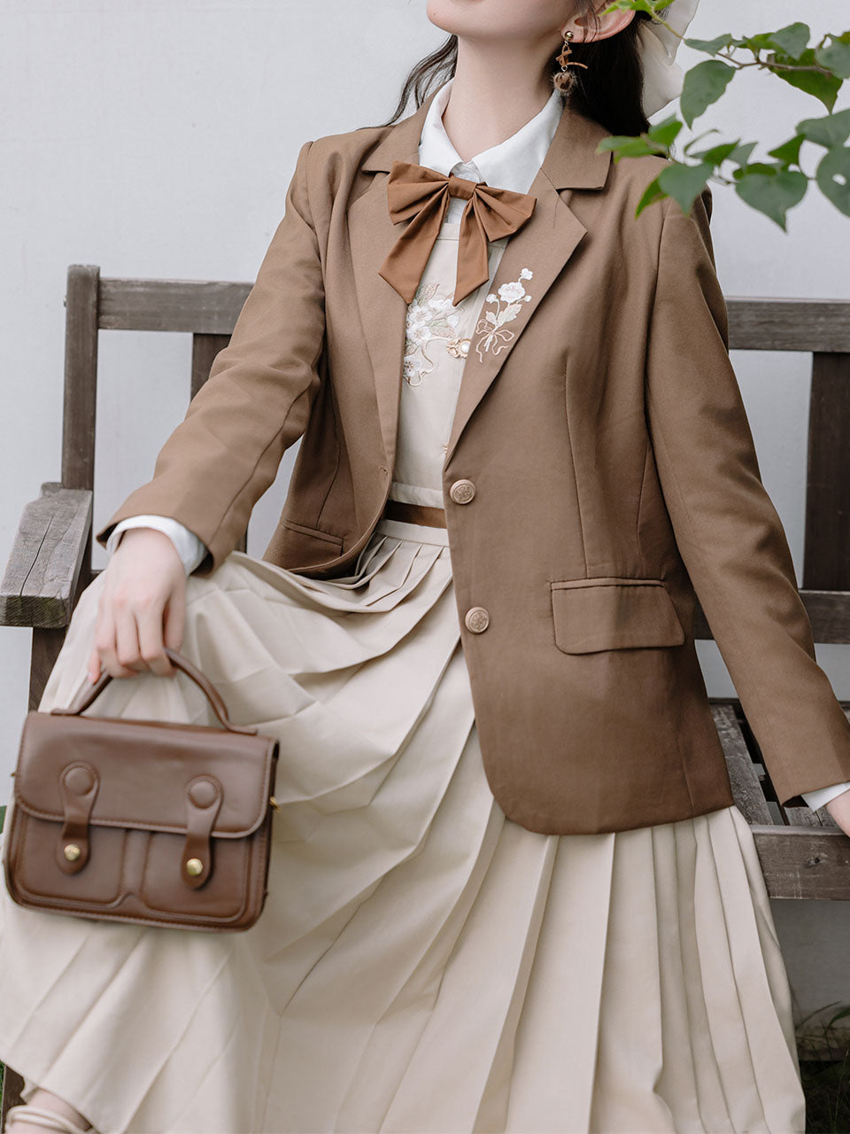 3 Piece Brown Retro Suspender Dress with Apricot Shirt Blazer Suit