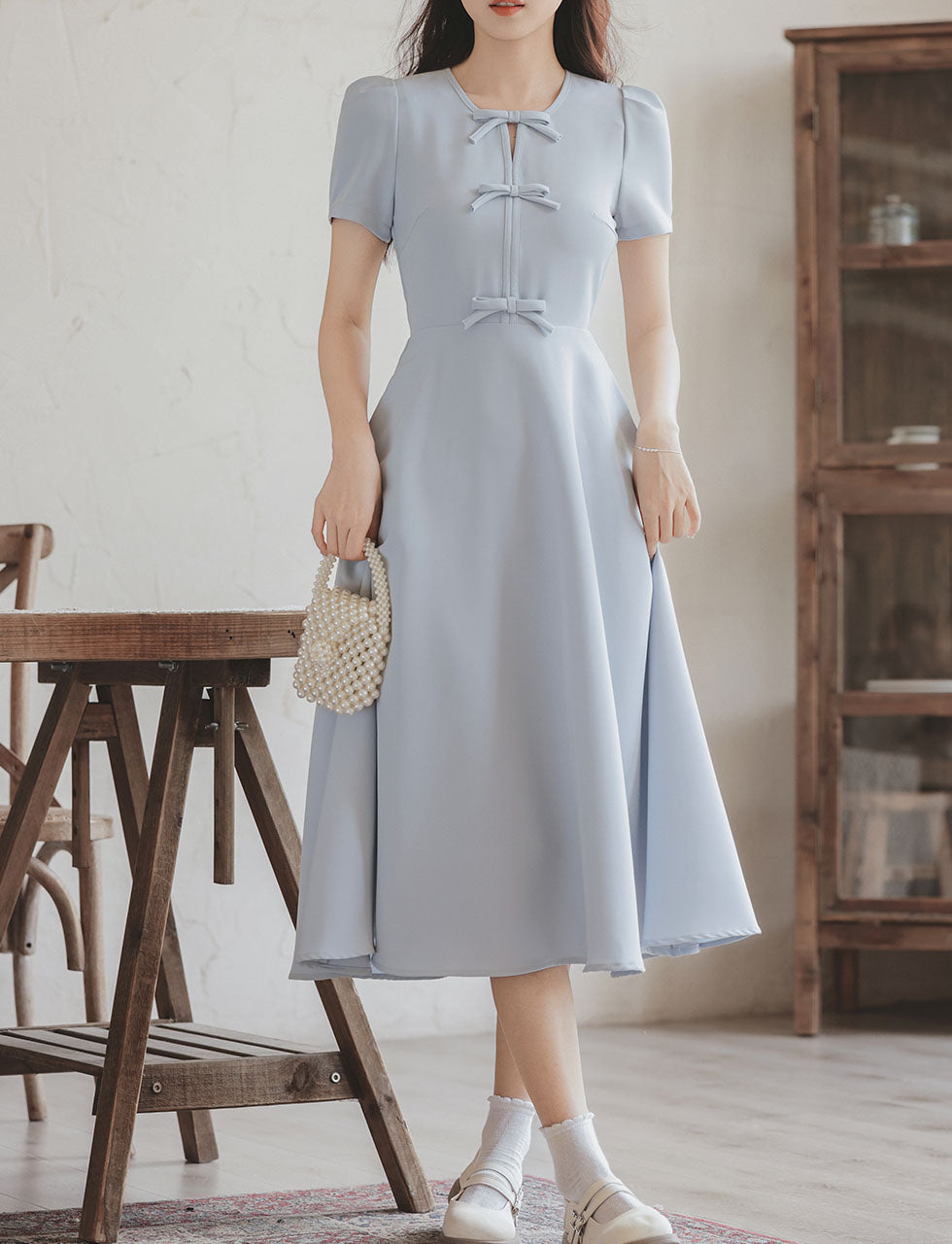 Light Blue Bow Collar 1950S Vintage Dress with Pockets