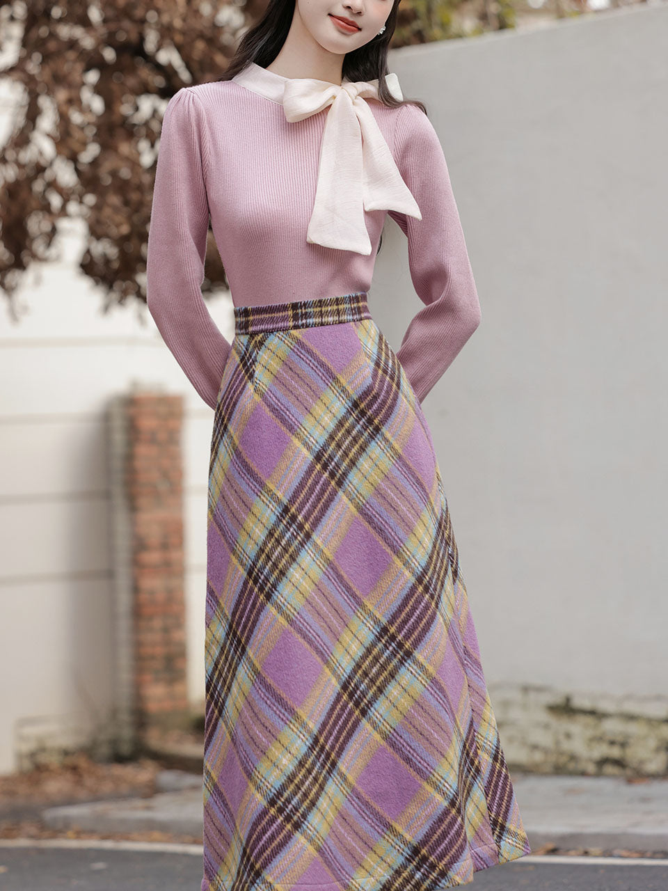 2PS Purple Bow Warm Sweater And Plaid A-line Skirt