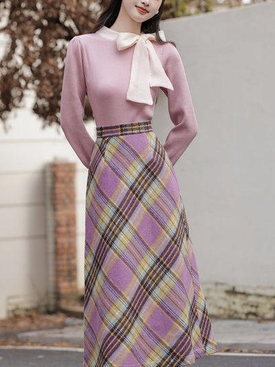 2PS Purple Bow Warm Sweater And Plaid A-line Skirt