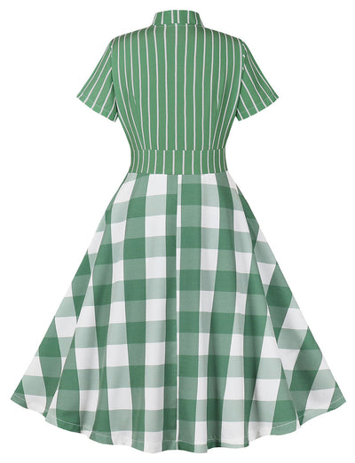 Christmas Green Bow Collar Stripe 1950S Cotton Swing Dress