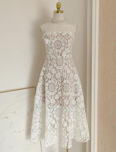 White Flower Lace Tube Swing Party Dress