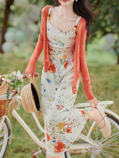 2PS White Floral Print Spaghetti Strap Dress With Orange Shawl Dress Suit