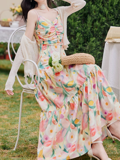 Rainbow Tulips Spaghetti Strap Vintage Swing Holiday Maxi Dress