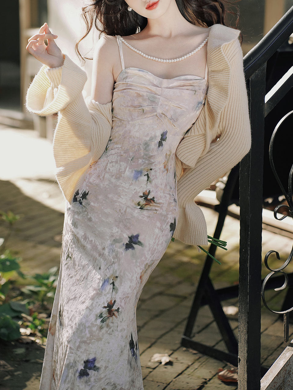 2PS Apricot Floral Print Spaghetti Strap Velvet Dress With White Knit Cardigan Dress Suit