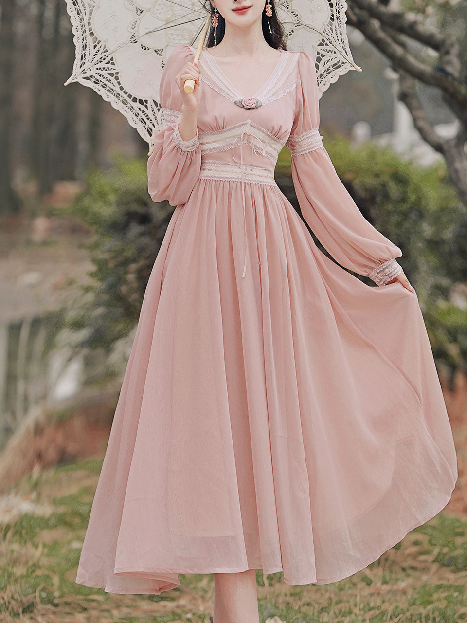 Pink Rose Girl Retro Lace V-neck Chiffon Long Lantern Sleeve Dress