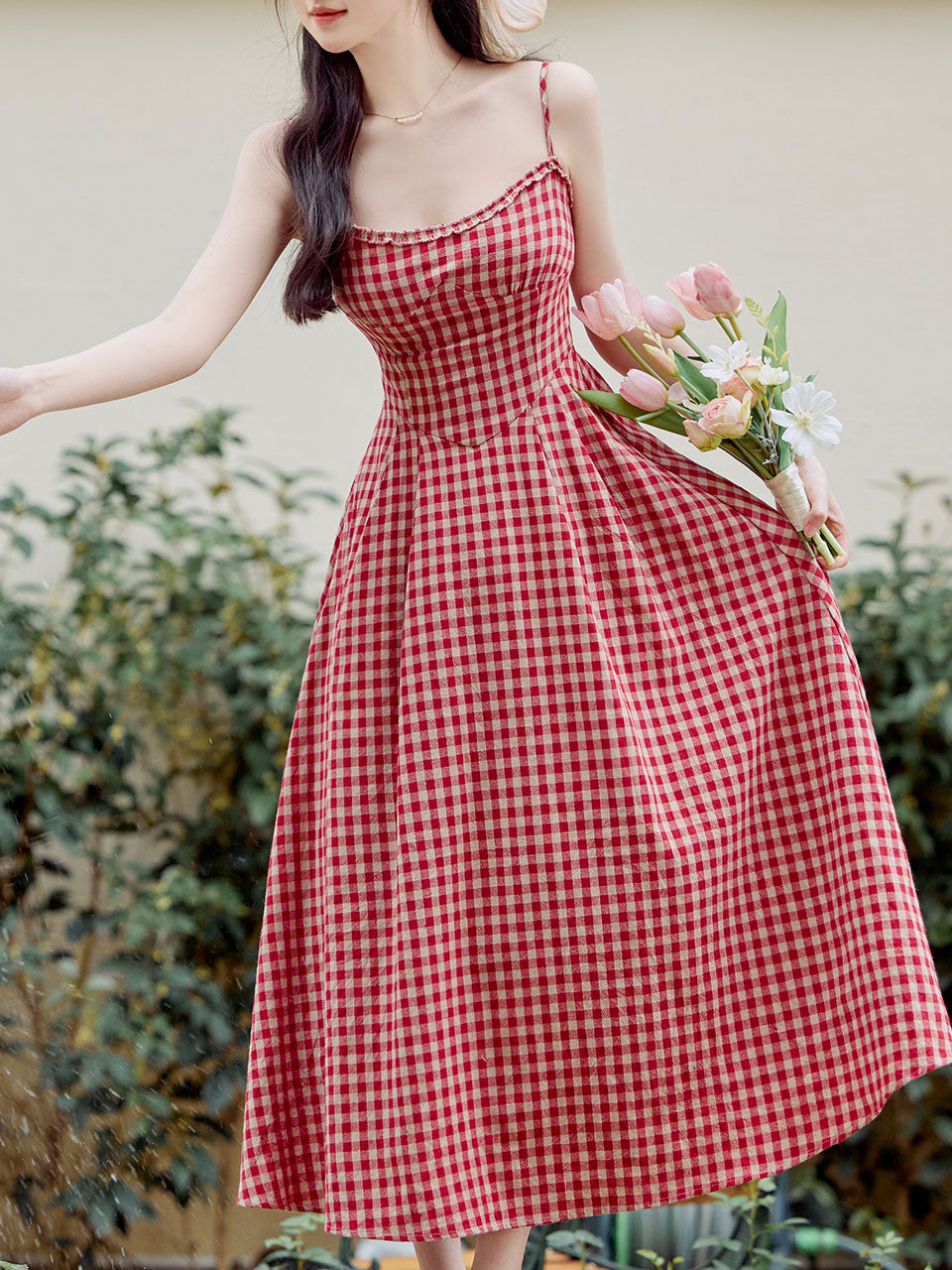 2PS Red Plaid Spaghetti Strap Dress With White Shawl Dress Suit