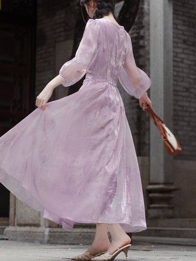 2PS Purple V-neck Organza Flowing Swing Dress with Purple Vest Suits