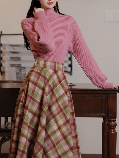 2PS Fuchsia Warm Sweater And Plaid Swing Skirt