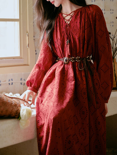 Red Embroidered Hollow Long Sleeve Tassel Holiday Bohemian Dress