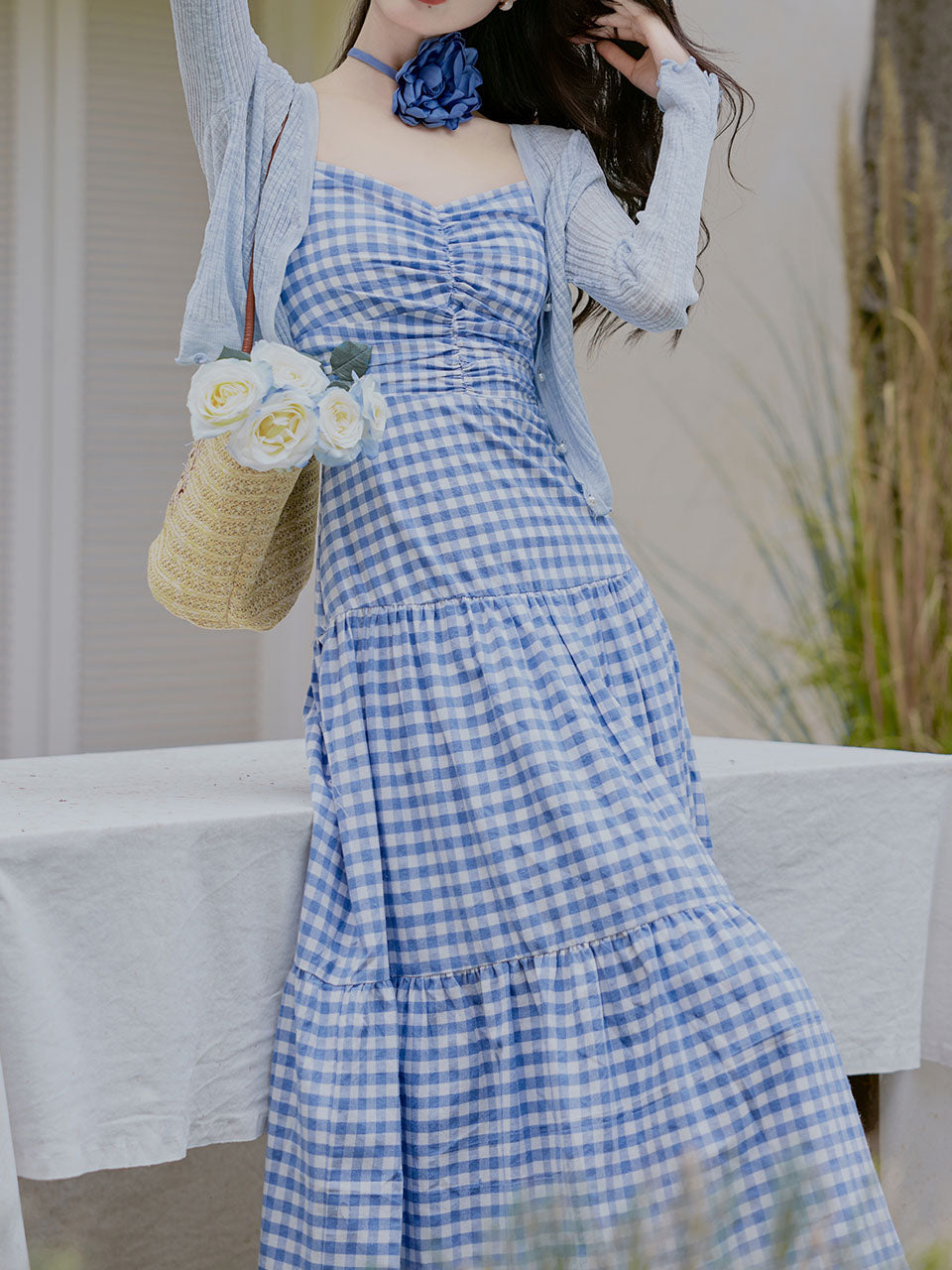 3PS Blue Plaid Spaghetti Strap Dress With Blue Shawl Dress Suit