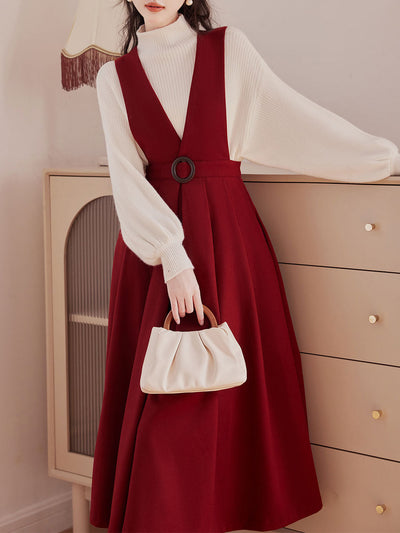 2 Piece Red Angora Retro Suspender Dress with White Bow Shirt