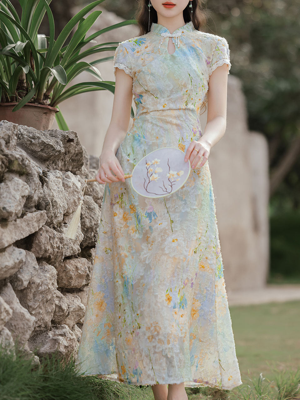 Light Green Burnout Print Cap Sleeve Cheongsam Dress