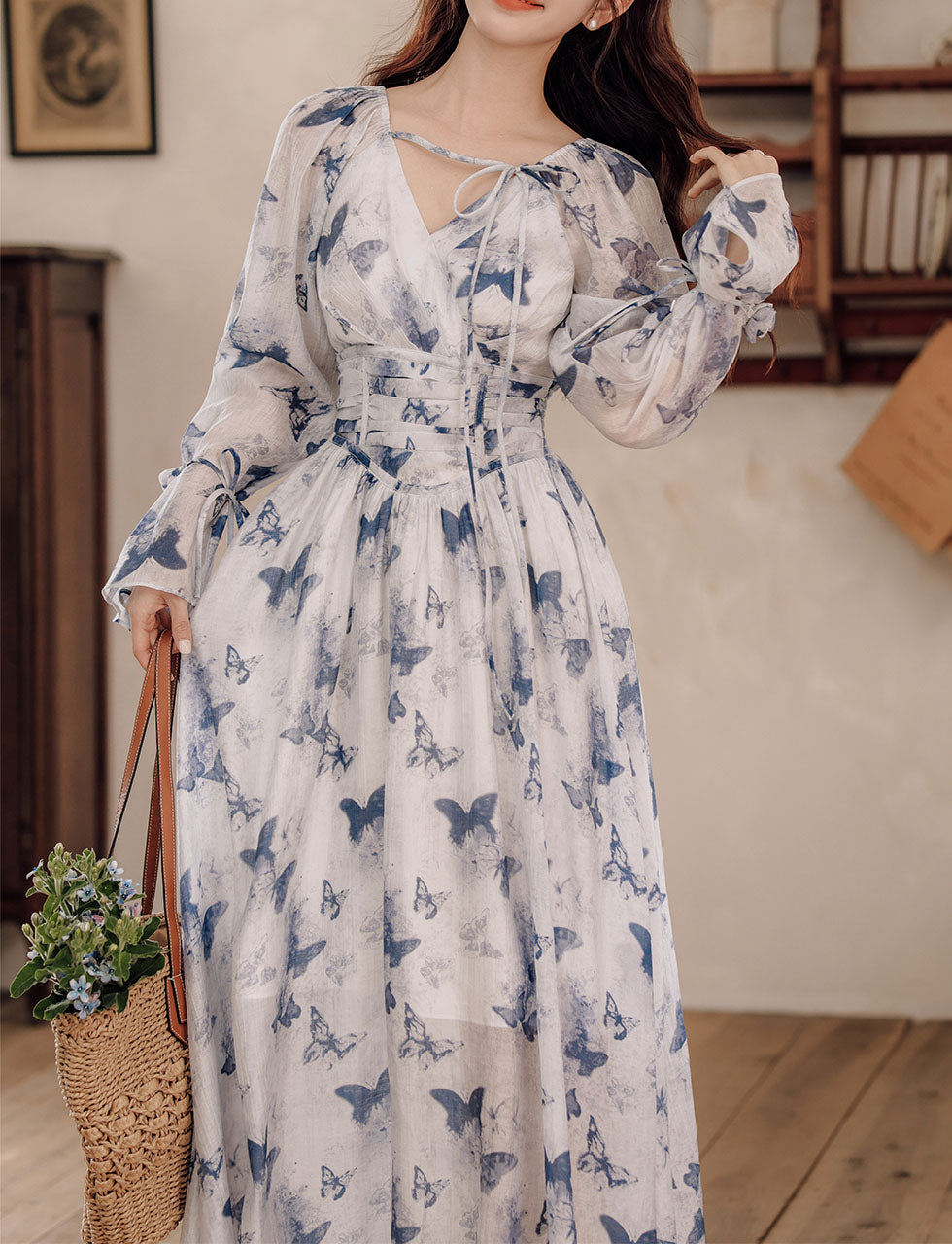 Blue Butterfly Print Long Sleeve Vintage Maxi Dress