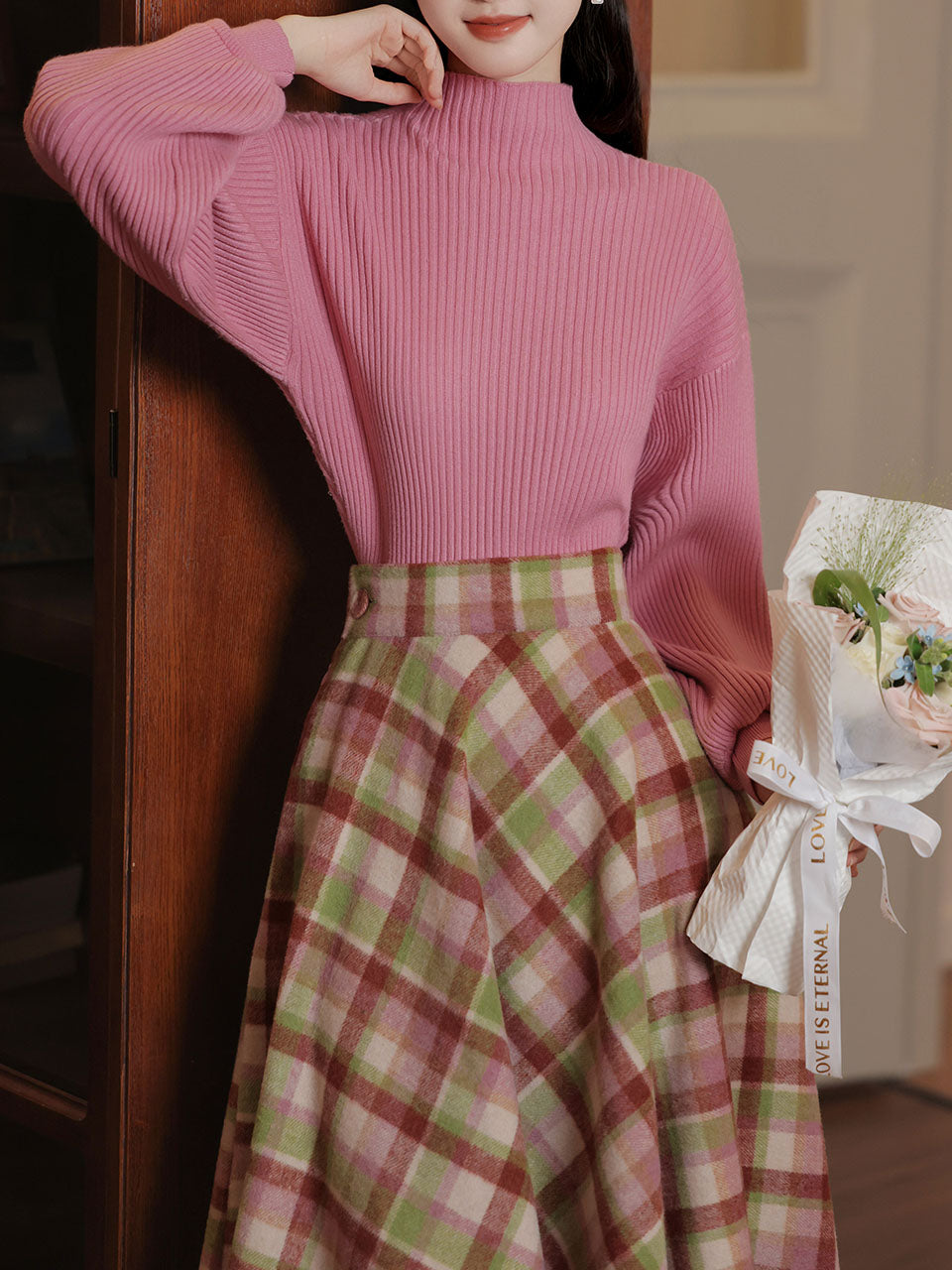 2PS Fuchsia Warm Sweater And Plaid Swing Skirt